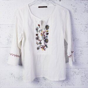 Comptoir Des Cotonniers Embroidered Peasant Top White Floral Womens Small‎